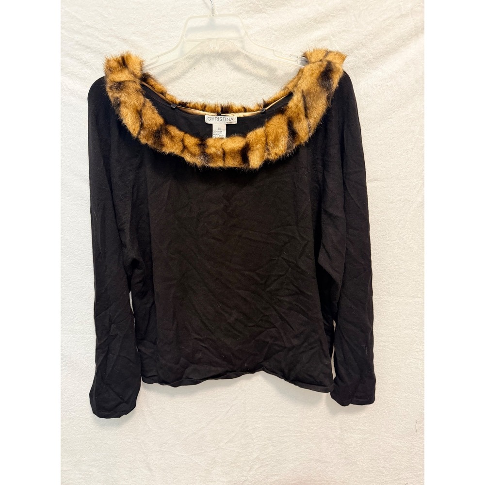 Christina Woman Black Knit Top Detachable Faux Fur Leopard Collar 3X Plus Size